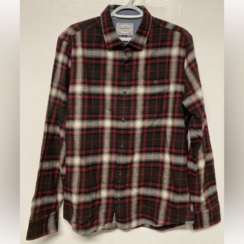 New! Flag & Anthem Mens Plaid Shirt ButtonUp Red Black White Lightweight Medium